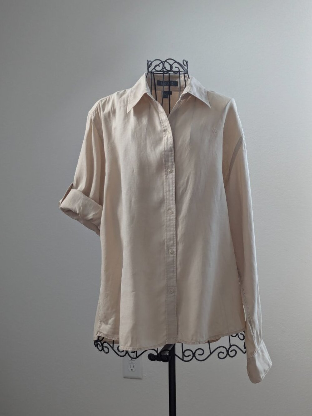 Lauren Ralph Lauren 100% Linen Shirt L Beige Roll Tab RLL Logo